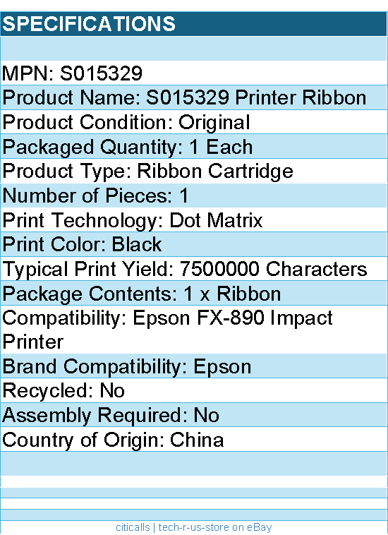 Epson S015329 Ribbon Cartridge - 7500000 Characters - Black - 1 Each