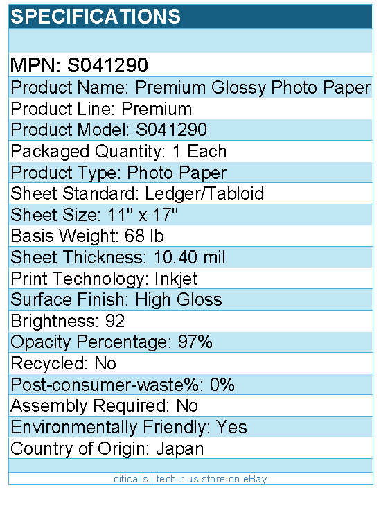 Epson S041290 Premium Glossy Photo Paper - High Gloss - 1 Each