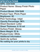 Epson S041649 Glossy Finish Photo Paper - 92 Brightness - 96% Opacity