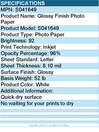 Epson S041649 Glossy Finish Photo Paper - 92 Brightness - 96% Opacity