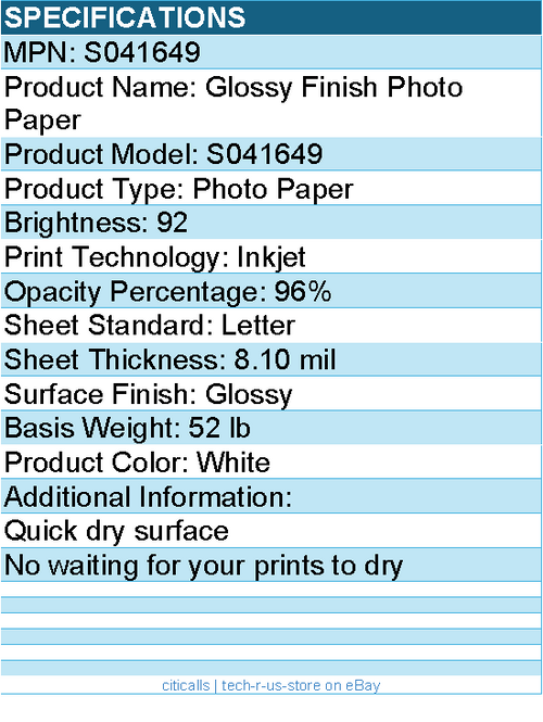 Epson S041649 Glossy Finish Photo Paper - 92 Brightness - 96% Opacity
