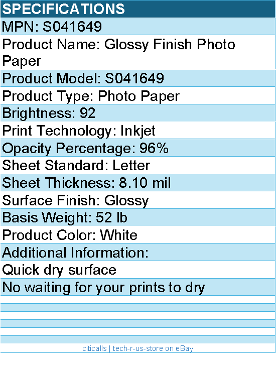 Epson S041649 Glossy Finish Photo Paper - 92 Brightness - 96% Opacity