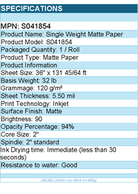 Epson S041854 Single Weight Matte Paper - 90 Brightness - 94% Opacity