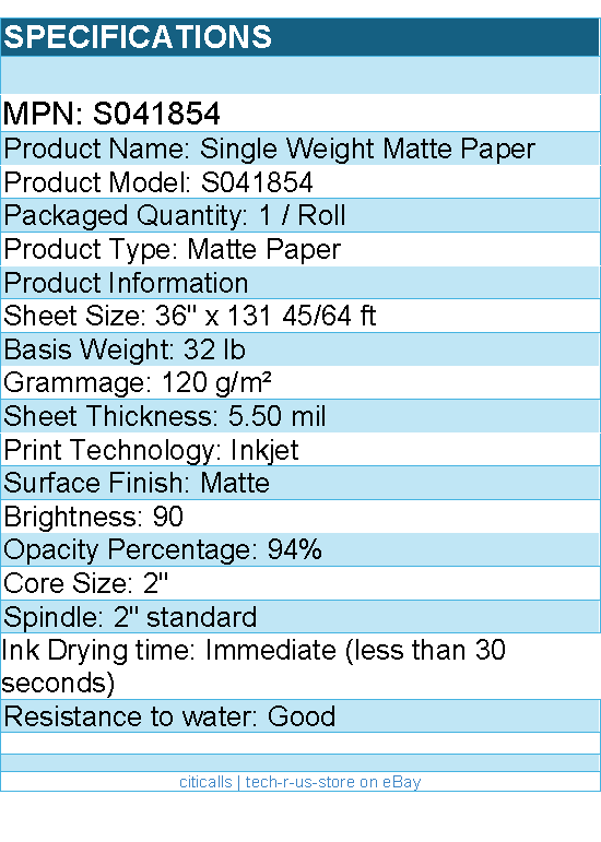Epson S041854 Single Weight Matte Paper - 90 Brightness - 94% Opacity
