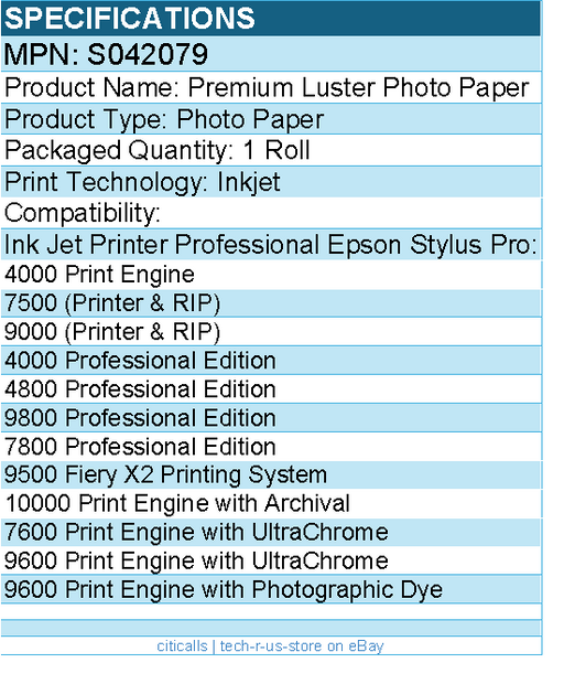 Epson S042079 Premium Luster Photo Paper - 16" x 100 ft - Luster - 1 Roll