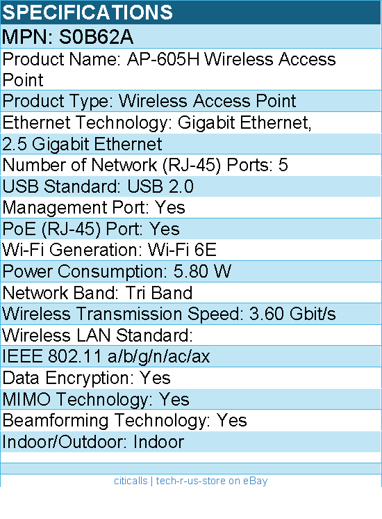 HPE S0B62A AP-605H Tri Band Wi-Fi 6E - 3.60 Gbit/s Wireless Access Point