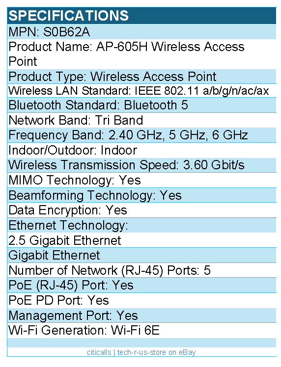 HPE S0B62A Tri Band Wi-Fi 6E IEEE 802.11 3.60 Gbit/s Wireless Access Point