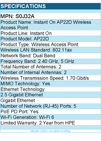 HPE S0J32A Instant On AP22D Dual Band Wi-Fi 6 1.70 Gbit/s Wireless Access Point