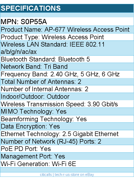 HPE S0P55A Tri Band Wi-Fi 6E IEEE 802.11 3.90 Gbit/s Wireless Access Point