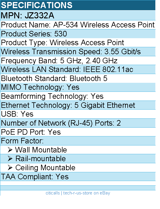 HPE JZ332A AP-534 IEEE 802.11ac 3.55 Gbit/s Wireless Access Point -TAA Compliant
