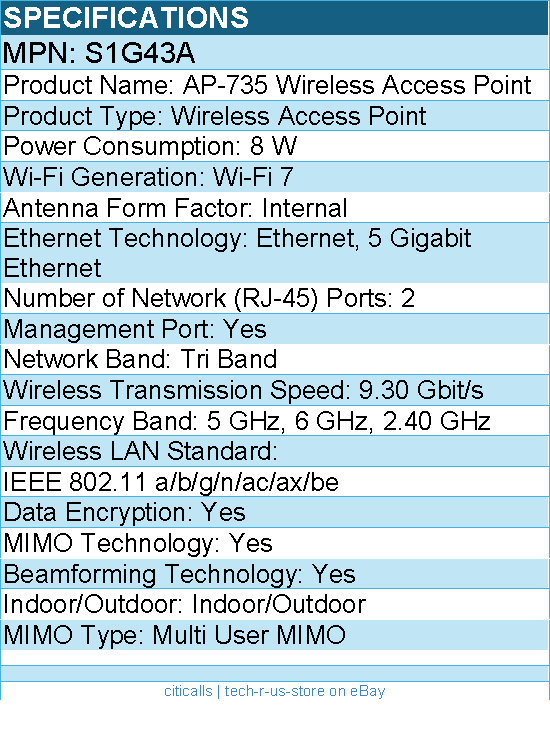 HPE S1G43A Aruba AP-735 Wireless Access Point - Wi-Fi 7 - Tri Band