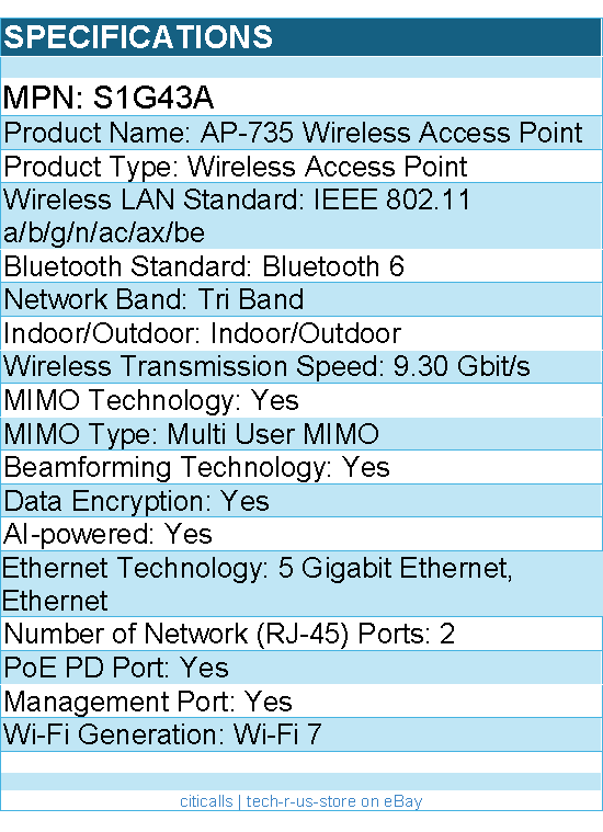 HPE S1G43A Aruba AP-735 Tri Band Wi-Fi 7 - 9.30 Gbit/s Wireless Access Point