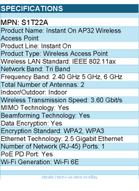 HPE S1T22A Instant On Tri Band Wi-Fi 6E IEEE 802.11ax 3.60Gbit/s Wireless Access