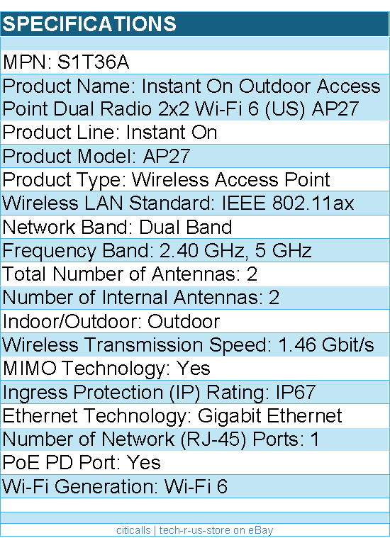 HPE S1T36A Instant On AP27 Dual Band Wi-Fi 6 1.46 Gbit/s Wireless Access Point