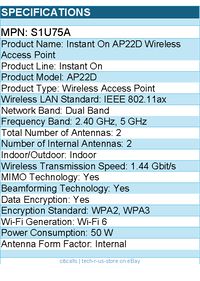HPE S1U75A Instant On Dual Band Wi-Fi 6 1.44 Gbit/s Wireless Access Point