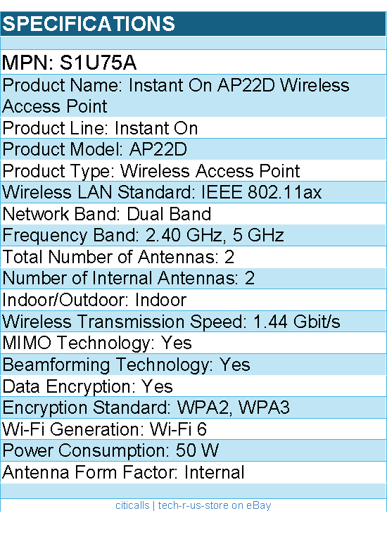 HPE S1U75A Instant On Dual Band Wi-Fi 6 1.44 Gbit/s Wireless Access Point