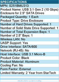 StarTech S251BMU313 2.5" External Hard Drive Enclosure - Supports UASP -Aluminum