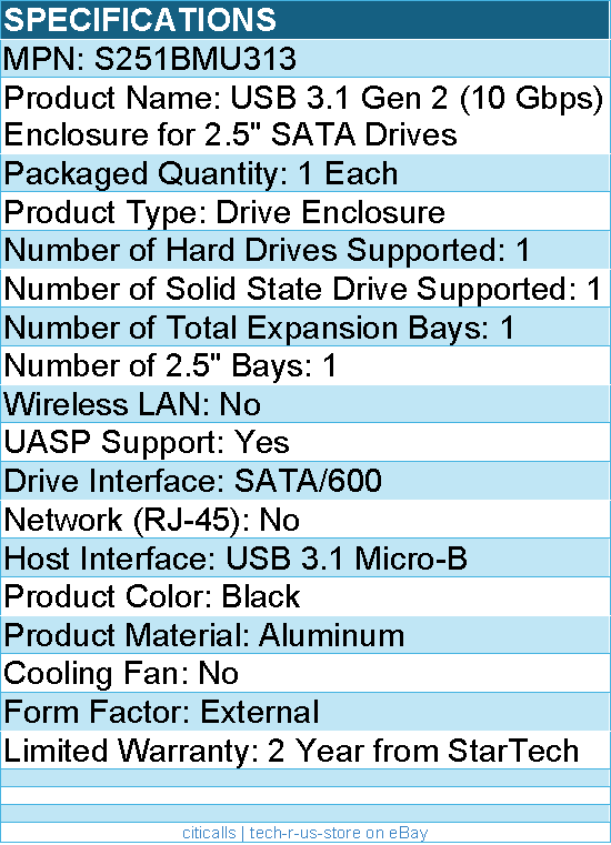 StarTech S251BMU313 2.5" External Hard Drive Enclosure - Supports UASP -Aluminum