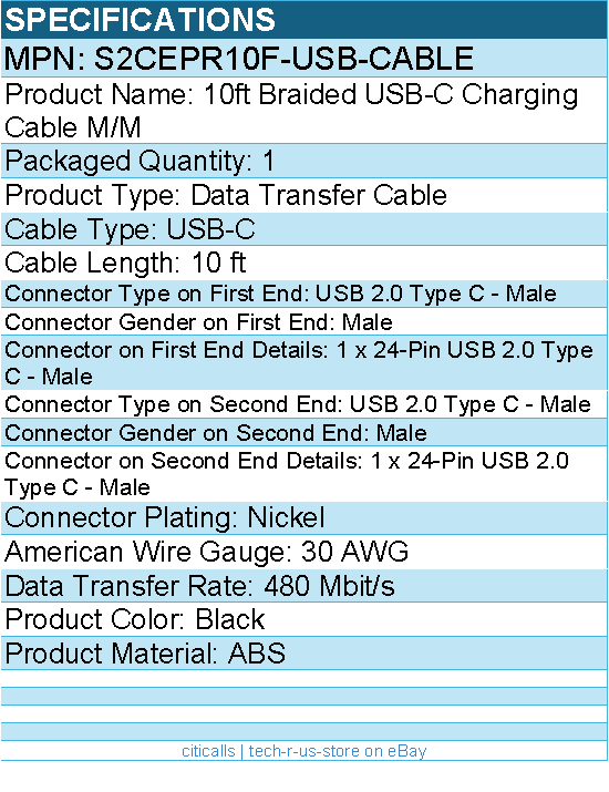 StarTech S2CEPR10F-USB-CABLE 10ft (3m) USB-C Charging Cable - Black
