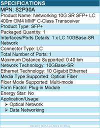 HPE S2P30A 10G SR SFP+ LC 400m OM4 MMF C-Class Transceiver - Plug-in Module