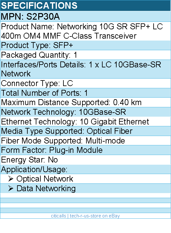 HPE S2P30A 10G SR SFP+ LC 400m OM4 MMF C-Class Transceiver - Plug-in Module