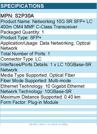 HPE S2P30A Networking 10G SR SFP+ LC 400m OM4 MMF C-Class Transceiver
