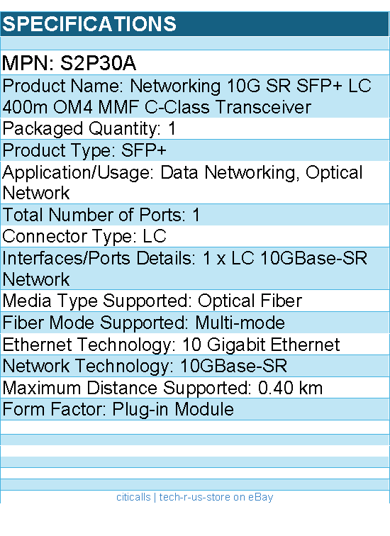 HPE S2P30A Networking 10G SR SFP+ LC 400m OM4 MMF C-Class Transceiver