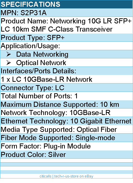 HPE S2P31A 10G LR SFP+ LC 10km SMF C-Class Transceiver - For Data Networking