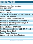 StarTech RD S351BMU33ET 3.5 SATA Hard Drive Enclosure eSATA USB3.0 Trayless