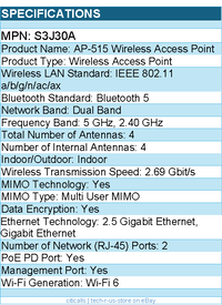 HPE S3J30A Aruba AP-515 Dual Band Wi-Fi 6 2.69 Gbit/s Wireless Access Point