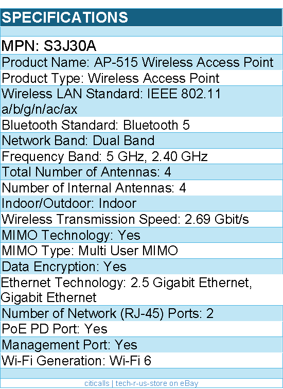 HPE S3J30A Aruba AP-515 Dual Band Wi-Fi 6 2.69 Gbit/s Wireless Access Point