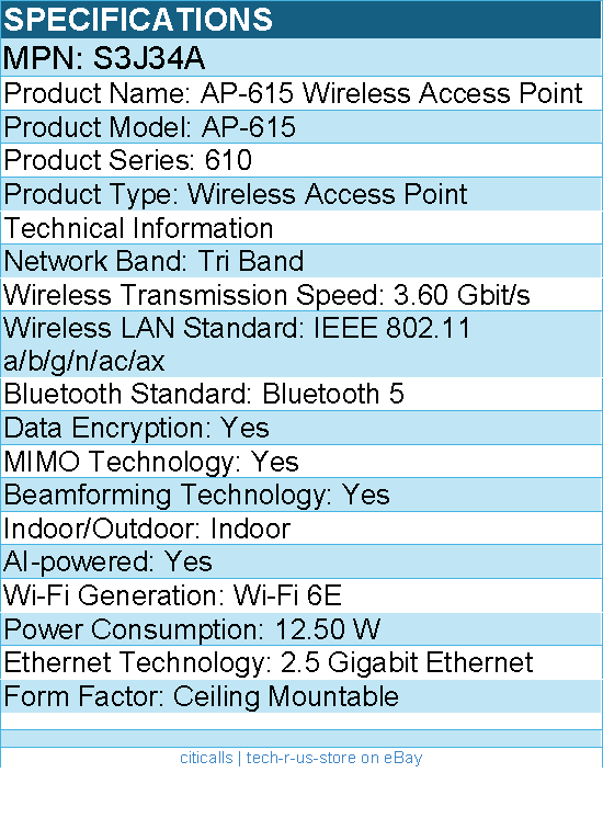 HPE S3J34A Wi-Fi 6E IEEE 802.11 a/b/g/n/ac/ax 3.60 Gbit/s Wireless Access