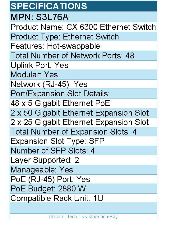HPE S3L76A Aruba CX 6300 Ethernet Switch - 48 Ports - Manageable