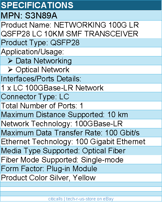 HPE S3N89A Aruba NETWORKING 100G LR QSFP28 LC 10KM SMF TRANSCEIVER