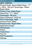 Epson S450439 Matte Paper 17" x 100 ft - 192 g/m? Grammage -Matte -Bright White