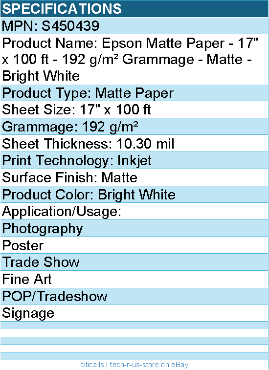 Epson S450439 Matte Paper 17" x 100 ft - 192 g/m? Grammage -Matte -Bright White