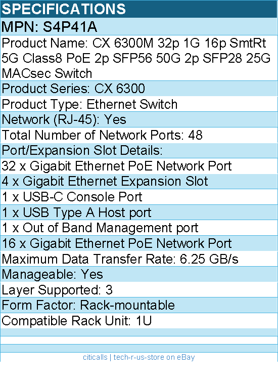 HPE S4P41A Aruba CX 6300M 32p 1G 16p SmtRt 5G Class8 PoE - Ethernet Switch