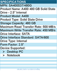 Kingston SA400S37/480G A400 480 GB Solid State Drive - 2.5" Internal
