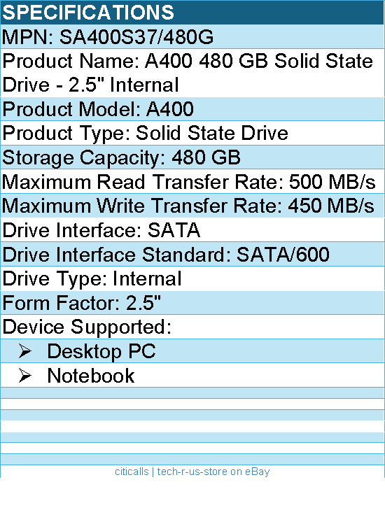 Kingston SA400S37/480G A400 480 GB Solid State Drive - 2.5" Internal