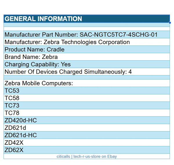 Zebra SAC-NGTC5TC7-4SCHG01 4 Slot Charging Synching Cradle - TC53 TC58 TC73 TC78