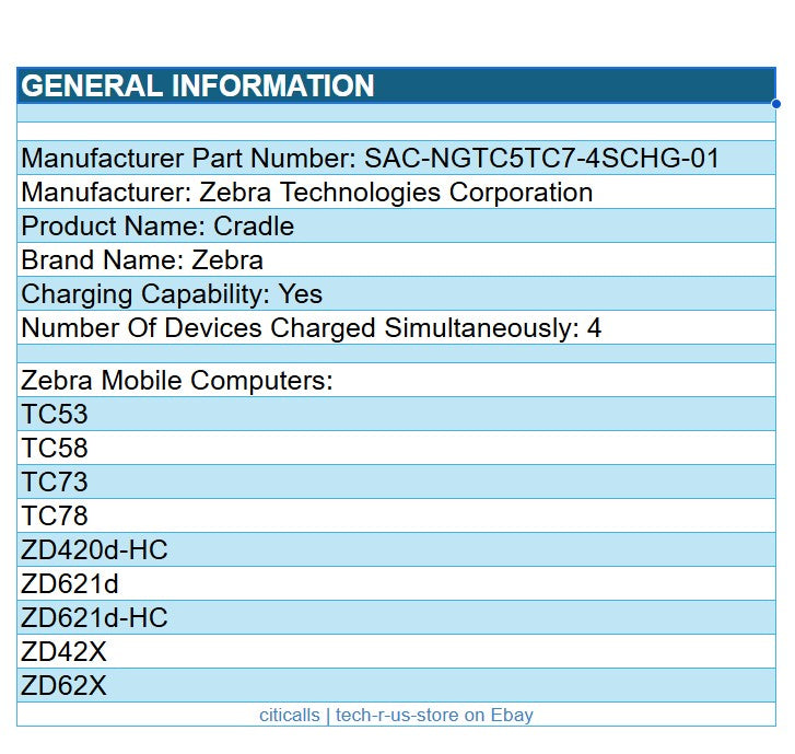 Zebra SAC-NGTC5TC7-4SCHG01 4 Slot Charging Synching Cradle - TC53 TC58 TC73 TC78
