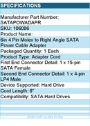 StarTech SATAPOWADAPR 6inch 4 Pin Molex to Right Angle SATA Power Adapter RTL