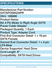 StarTech SATAPOWADAPR 6inch 4 Pin Molex to Right Angle SATA Power Adapter RTL