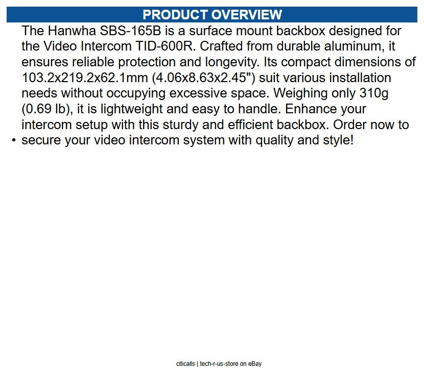 Hanwha SBS-165B Surface Mount Backbox for Video Intercom TID-600R, Black