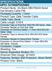 StarTech SCNM9FM2MBK 2m Black DB9 RS232 Serial Null Modem Cable F/M