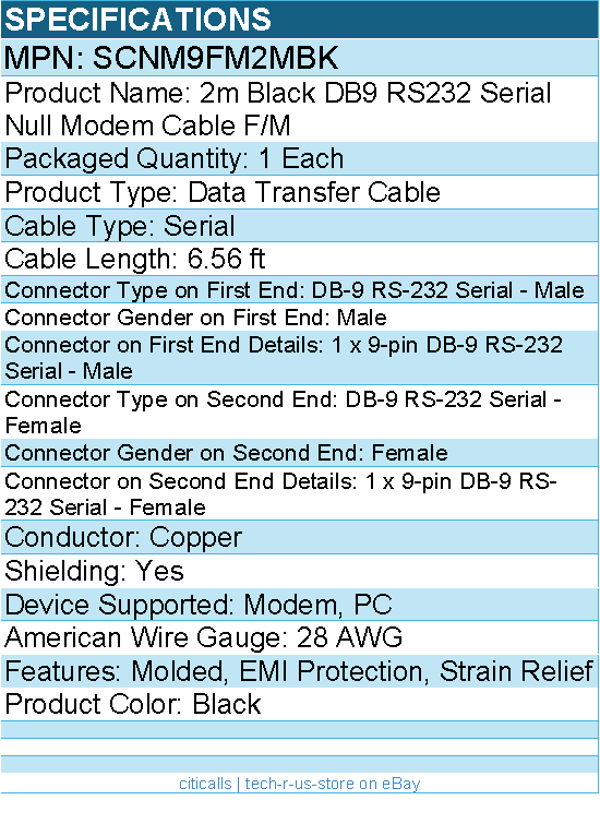 StarTech SCNM9FM2MBK 2m Black DB9 RS232 Serial Null Modem Cable F/M