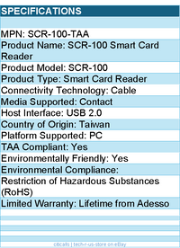 Adesso SCR-100-TAA SCR-100 Smart Card Reader - Contact - Cable - USB 2.0