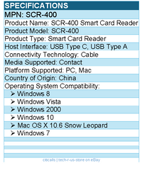 Adesso SCR-400 Smart Card Reader - Contact - Cable - USB Type C