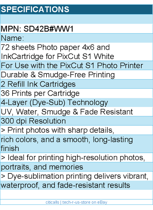 Liene SD42B#WW1 72 sheets Photo paper 4x6 & InkCartridge for PixCut S1 White