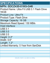 SanDisk SDCZ430-016G-G46 Ultra Fit USB 3.1 Flash Drive 16GB